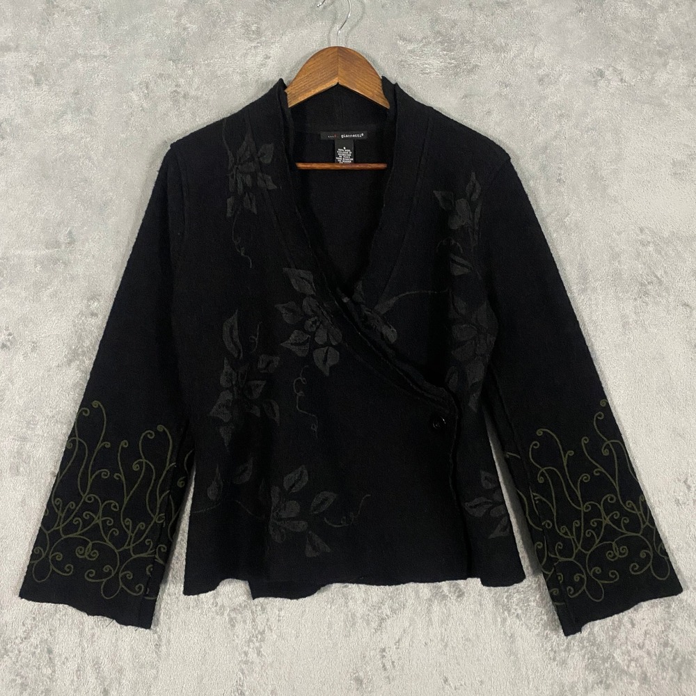 A. Giannetti Jacket Sz S Black 100% Wool Floral Embroidered Wrap Boiled Artsy